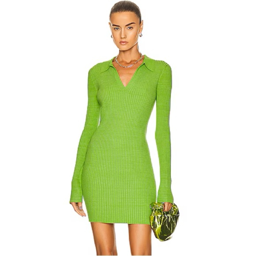 Helmut Lang Marl Ribbed Knit Mini Dress in Lawn Green
